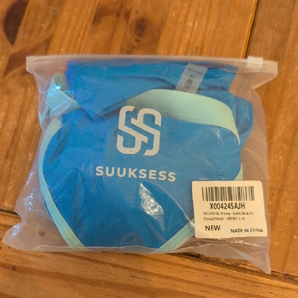 NIB Suuksess Blue W/Teal Edges High Rise Leg Bikini, Size Medium